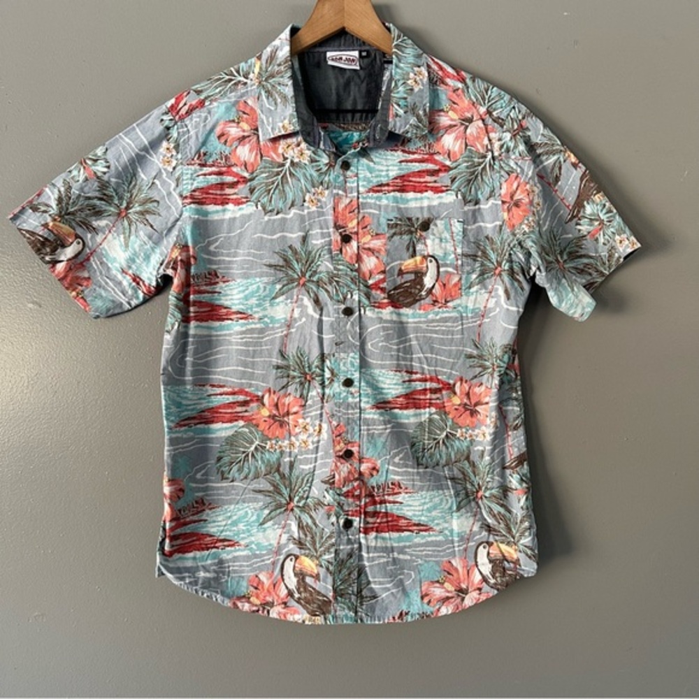Ron Jon Surf Shop Toucan Tropical Flower Hawaiian Button Down | Chambray + Coral